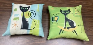 Pair Of MCM Style Green And Blue Cat Graphic Throw Pillows 17” - Picture 1 of 5
