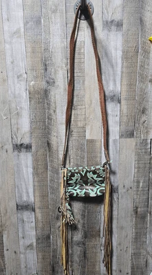 Bandolera Raviani de cuero turquesa y choclate con flecos/borlas Foto 1 de 4