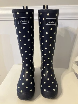 Botas de lluvia para mujer Joules Polkadot Wellington talla 6 EE. UU./4UK azul marino 14" de alto. Foto 1 de 4