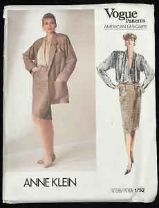 Vogue 1752 Sewing Pattern 12 Anne Klein Jacket Blazer Skirt Blouse Uncut Vintage - Picture 1 of 10