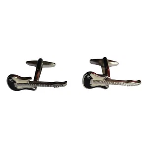 Electric Guitar black enamel silver-plated torpedo cufflinks in padded gift box - Picture 1 of 2