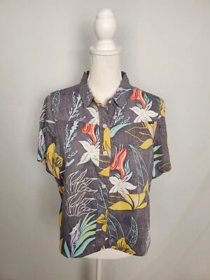 Hurley Gray Button Up Top Colorful Tropical Floral Print Women's Medium. - Image 1 of 4