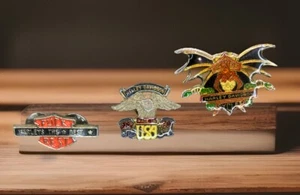Harley Davidson Vintage Bat Wing Skull Holding Snake, A Made In USA And FTR Pins - Picture 1 of 7