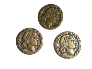 Greco-Roman Themed Coin Shank Cast Metal Buttons (3) Antique Gold Finish 1" - Picture 1 of 7