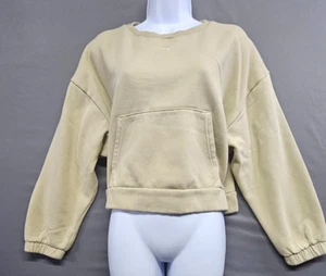 Puma Crop Sweatshirt Pullover Size Large L Pocket Tan Beige Fleece - Picture 1 of 13