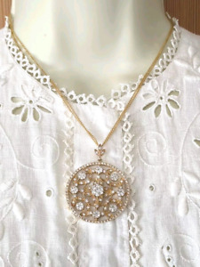 Effy 14k Lrg 1.5 Ct Diamond Floral Leaf Medallion Pendant  Necklace Double Chain