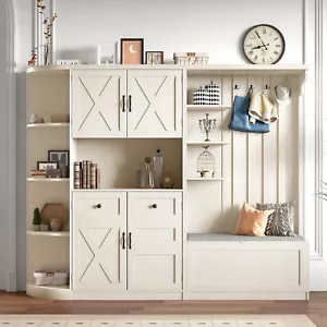 Hall Tree Storage Cabinet Entryway Bench W/ Hooks Shoe Storage Living Room Beige - Picture 1 of 24