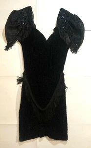 Vintage 1980’s Women’s Size 13/14 S? Cocktail Dress Black Sequin Velvet Tassels - Picture 1 of 7
