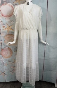 FASHION Womens Flutter Sleeve V-Neck Swiss Dots Boho Maxi Dress SZ XXL IVORY - Picture 1 of 12
