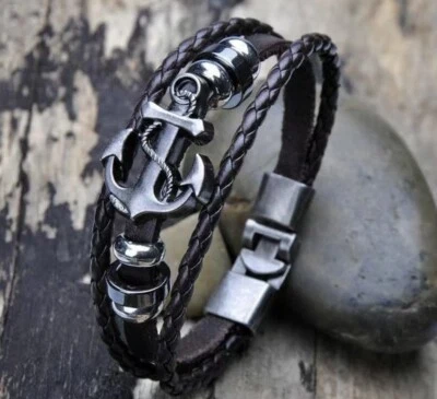 Bracciale Uomo con Ancora e cordoncino cuoio  - Idea regalo - Immagine 1 di 2