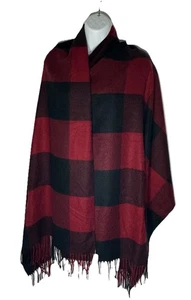 Madewell Women’s Cape Scarf Red Black Plaid Fringed Wrap Armholes NWT 78 X 28 - Picture 1 of 14