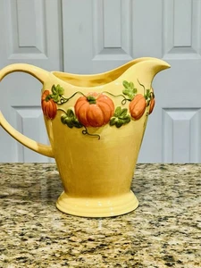 "Jarra de calabaza Harvest cerámica para servir de otoño 8,75"" naranja amarillo relieve elevado" - Imagen 1 de 9