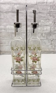 Pfaltzgraff Tea Rose glass cruets Set in metal rack Hard To Find - Picture 1 of 7