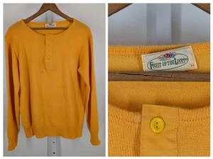 Vintage 60s 70s Fruit Of The Loom Yellow Henley Knit Sweater M USA Rockabilly  - Picture 1 of 6
