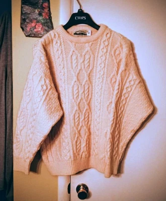 Aran Crafts Ireland Men's L 100% Wool Fisherman Sweater Cable Knit Irish Cream - Image 1 of 4