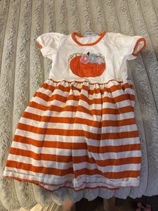 Boutique Orange & White Striped Pumpkin Dress Size 6 Years Girls Kids - Picture 1 of 5