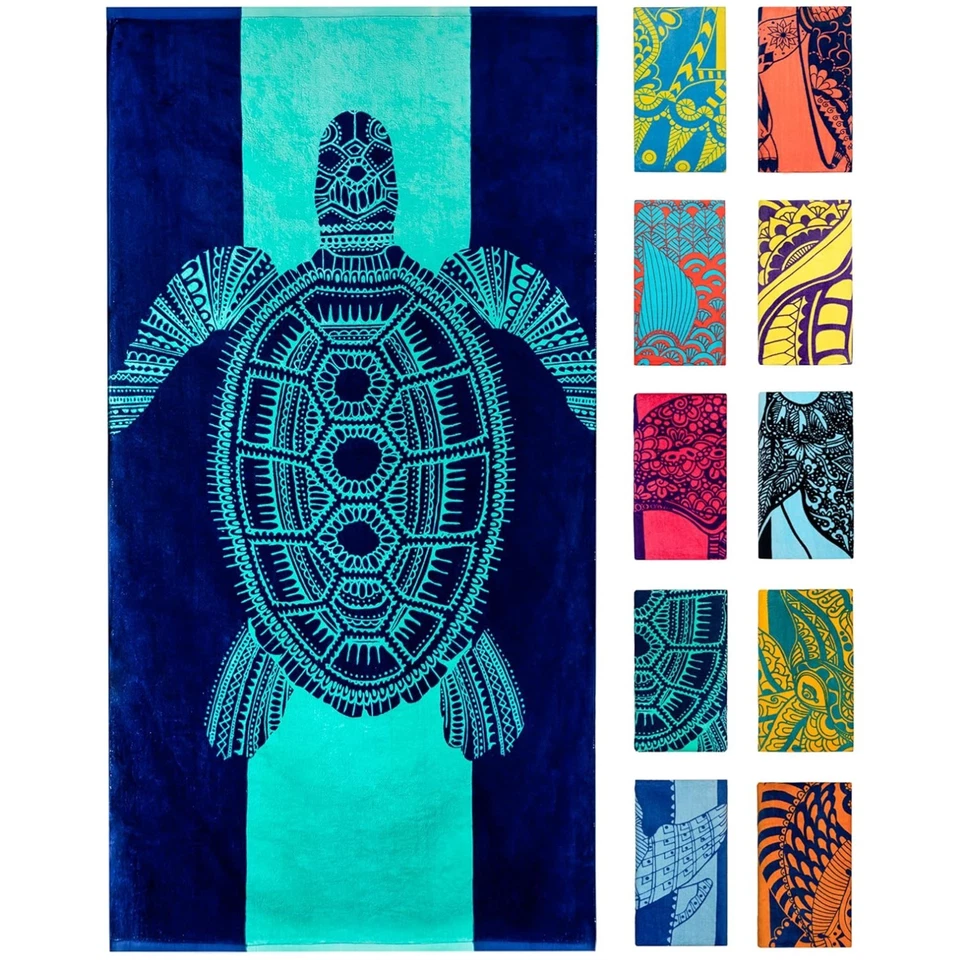 Toalla de playa de algodón extra grande - diseño de tortuga tropical, 34”x63” para diversión de verano Foto 1 de 4