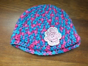 Handmade Crochet Kids Beanies Handmade Flower Appliques Pink Turquoise - Picture 1 of 3