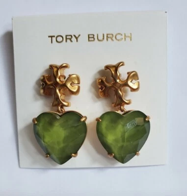 PENDIENTES CORAZÓN Tory Burch ROXANNE Grandes 1.4" Latón Laminado/Oliva NUEVO Foto 1 de 4