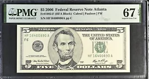 2006 $5 Federal Reserve Note Fr-1992-F Atlanta PMG67 Superb Gem EPQ - Picture 1 of 4