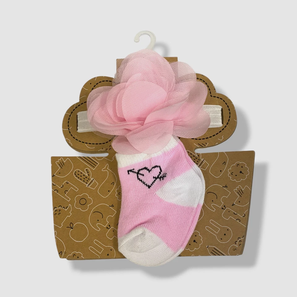 Baby Essentials Girl's Pink White Headband & Sock Set Size 0-6M - Image 1 of 1