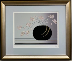 Fox "Black Deco Vase" SIgned & # FRAMED Serigraph Art Deco Still Life NEW - Picture 1 of 4