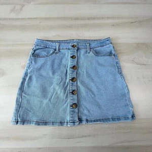 Arizona Womens Jean Skirt 11 Juniors Blue Denim Mini Button Up Light Wash Short - Picture 1 of 9