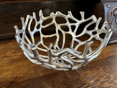 Coral Branch Bowl Silver Cast Aluminum Open Web Fruit Coastal 11.5” D x 6” Tall - Image 1 of 4