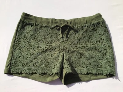Khaki Green stretch Cotton Crocheted Lace Shorts Hotpants 12/14 M  Holiday Sun - Image 1 of 4