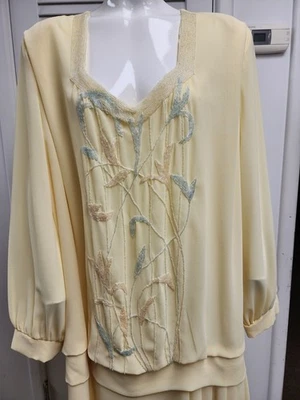 Vintage 1980's Buttery Yellow Drop Waist Beaded Dress Golden Girls Era - Image 1 of 4