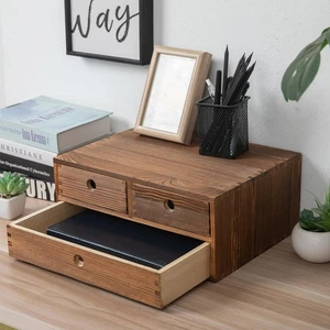 Rustic Torched Brown Wood Desk Storage Cabinet Drawers Round Cutout Handles C... - Bild 1 von 7