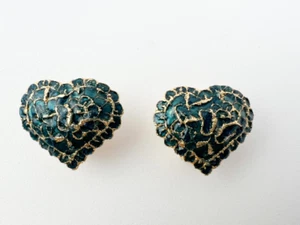 YSL YVES SAINT LAURENT EARRINGS VINTAGE GOLD TONE GREEN HEART  - Picture 1 of 7