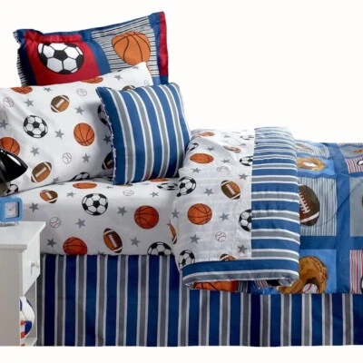 Conjunto de edredom reversível azul 10 peças remendo esportivo masculino QUEEN LENÇÓIS CORTINAS VALANCE - Imagem 1 de 3