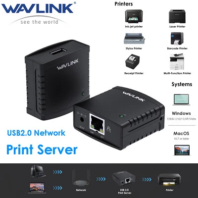 Servidor de impresión Wavlink USB 2.0 para compartir LAN, no se necesita controlador, Win/Mac Foto 1 de 4