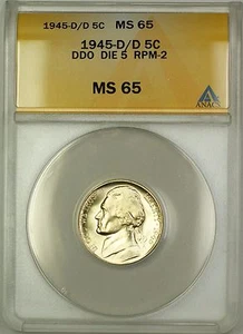 1945-D/D RPM-2 DDO DIE 5 Wartime Silver Jefferson Nickel 5c Coin ANACS MS-65 (i) - Picture 1 of 2