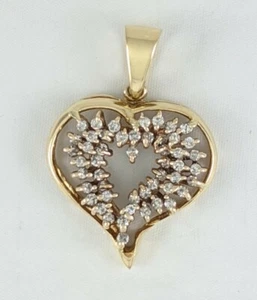 10K Solid Yellow Gold Open Heart Pendant Diamond Accent 1-3/8" 5.92gm - Picture 1 of 9