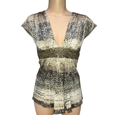 SKY Mob жена гламурный сексуальный офис сирена желтовато-коричневый Топ блузка с коротким рукавом подпоясанный животное S - Изображение 1 из 4