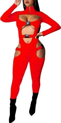 Mujeres Sexy Mono de Fiesta con Hebilla Manga Larga Hueco ceñido al cuerpo Naranja Foto 1 de 4