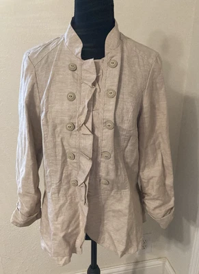 Y2K 米色亚麻混纺军事风格荷叶边西装外套 3/4 袖大号全新带标签 — 第 1/4 张图片