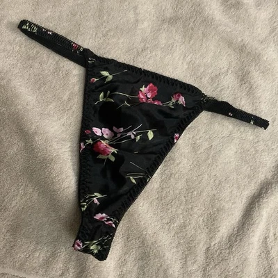 Tanga Panty Vintage Años 90 Brillante Negro Floral Satinado Tanga M Foto 1 de 4