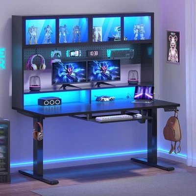 Electric Standing Desk with Storage, Height Adjustable Gaming Desk w/Led Lights - Image 1 of 4