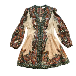 Zimmermann Ottie Plunge Minikleid Damen 3 Large Creme Blau Paisley Leinen VNeck - Bild 1 von 13