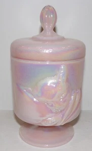 VINTAGE FENTON GLASS IRIDESCENT PINK 1990 CHESSIE CAT 8" COVERED CANDY JAR - Picture 1 of 9