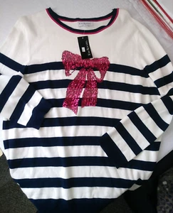 Kim Rogers Holiday Light Weight Navy Blue Stripes Bow Soft Sweater XL SHIPS FAST - Picture 1 of 11