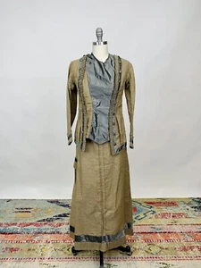 Antique Victorian 1890s Bodice and Skirt Set Brown Gray Linen & Silk AS IS - Picture 1 of 22