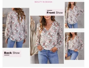 FLORAL Women's Chiffon Shirt Loose V Neck Long Sleeved Size Large - Picture 1 of 8