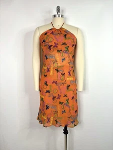 Vtg Versace Jeans Couture Orange Butterfly Print Silk Halter Dress 44 L - Picture 1 of 8