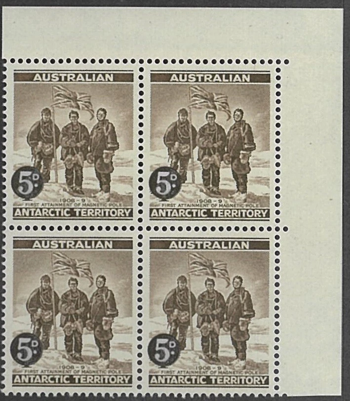 Estampillas del Polo Sur 1959 AAT centradas sobreimpresión 5D en bloque 4D 50 aniversario Foto 1 de 1