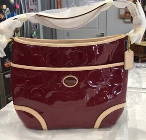 NWT COACH Peyton Embossed Patent Leather Crimson Tan Hobo Bag F20022 - Picture 1 of 5