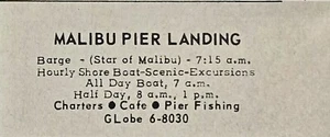 Malibú Pier Landing Charters Tours Pesca Café Excursiones Anuncio Impreso De Colección 1960 - Imagen 1 de 4